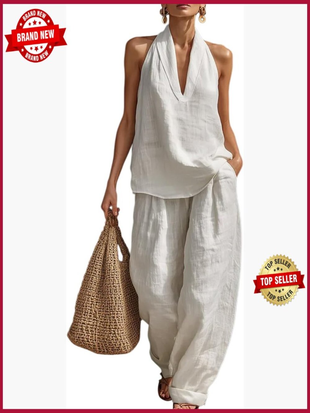Linen 2 Piece Sleeveless V Neck Halter Top Wide Leg Pants Summer Lounge Set - Picture 1 of 6